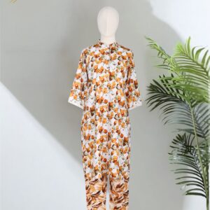 Two Piece Set (Cotton) (Orange Leaf Pattern)