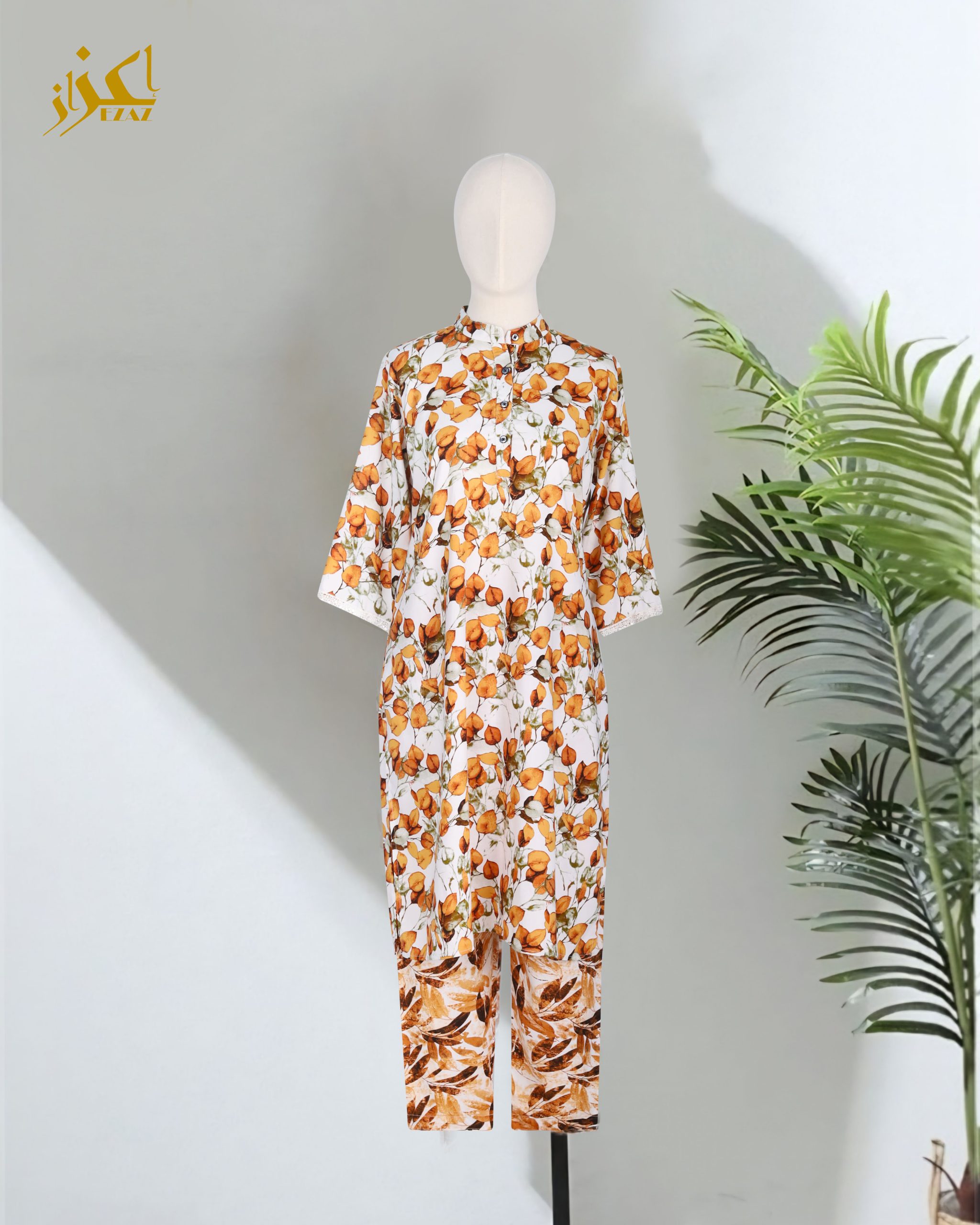 Two Piece Set (Cotton) (Orange Leaf Pattern)