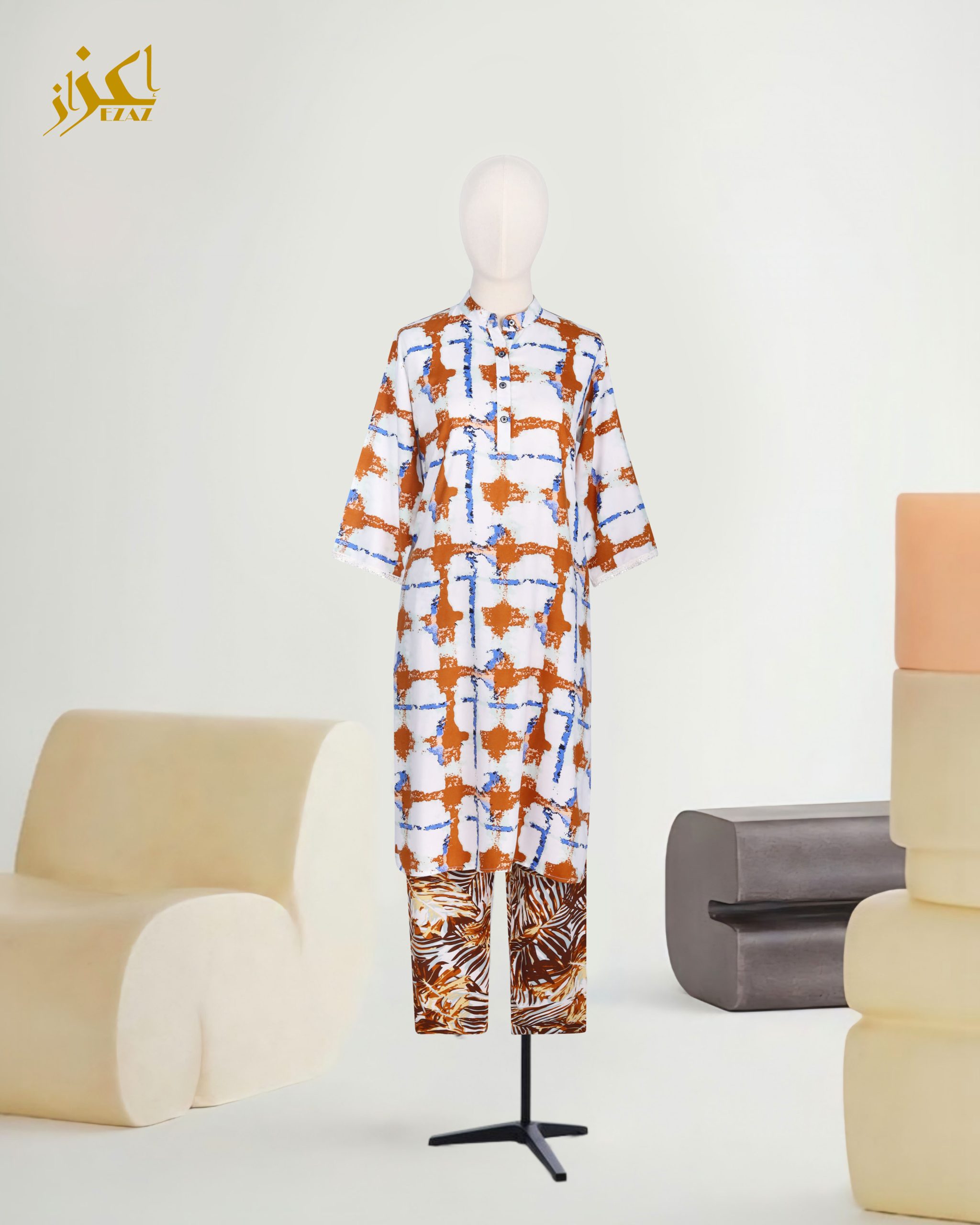 Two Piece Set (Cotton) (Orange Blue Brush Pattern)